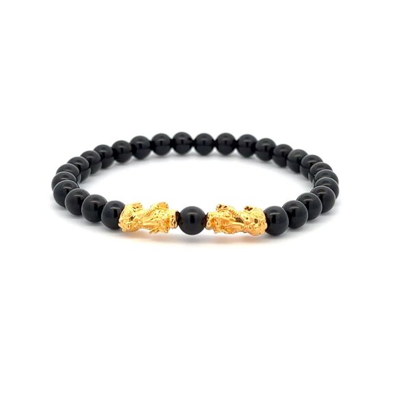 RAFANTHIA Jewelry - 18K Gold Dragon Pixiu Double Piyao Lucky Charm Bracelet Gemstones Obsidian 6mm